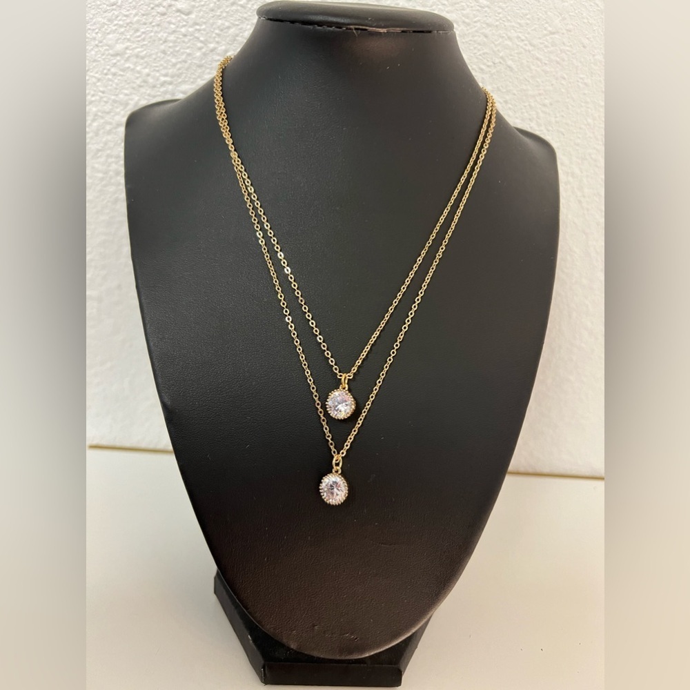 18k gold plated two-layer necklace w/ crystal pendant